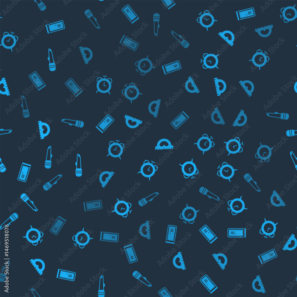 Poster set locker or changing room, alarm clock, protractor grid and microphone on seamless pattern. vector