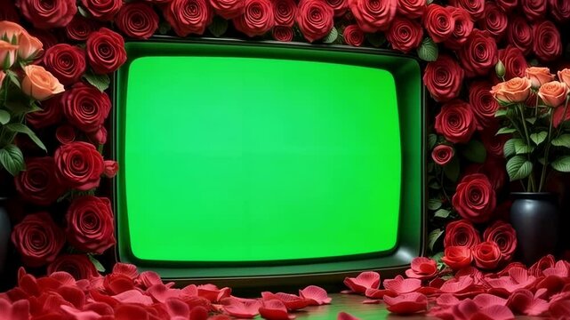 In this airy contemporary space filled with natural light, crimson rose petals adorn surfaces near a flatscreen stuck on green.