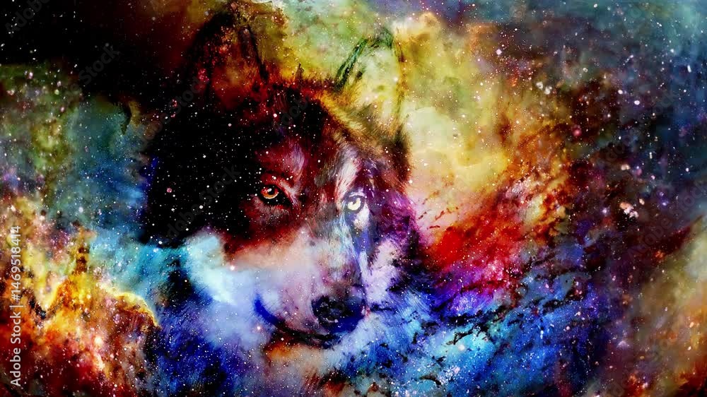 Poster magical space wolf, multicolor computer graphic collage. loop animation.