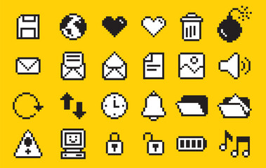 set of pixel art  user interface icon, pixel art style, icon and symbol such as, mail, data, world, mail, recycle bin, battery