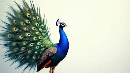 Fototapeta premium Magnificent Peacock Displaying Vibrant Feathers Against Simple Background