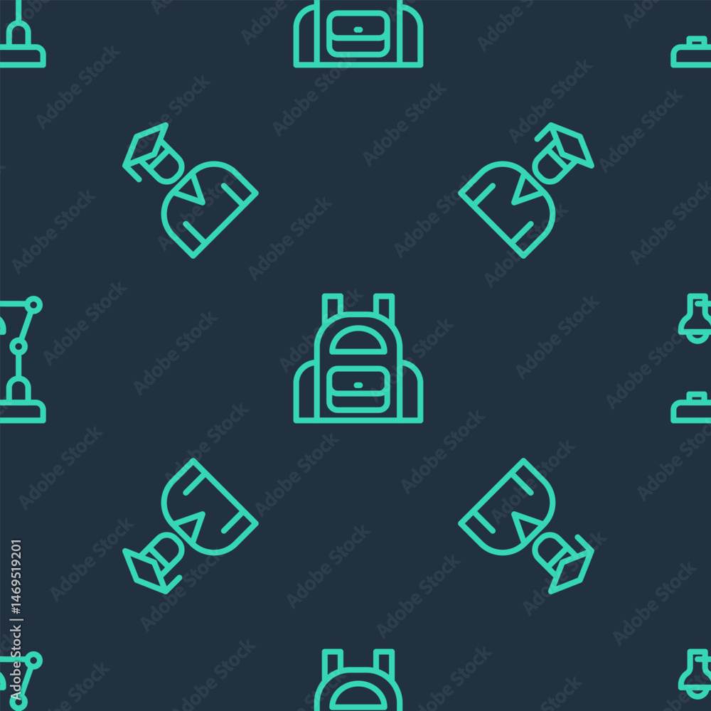 Poster set line school backpack, graduate and graduation cap and table lamp on seamless pattern. vector