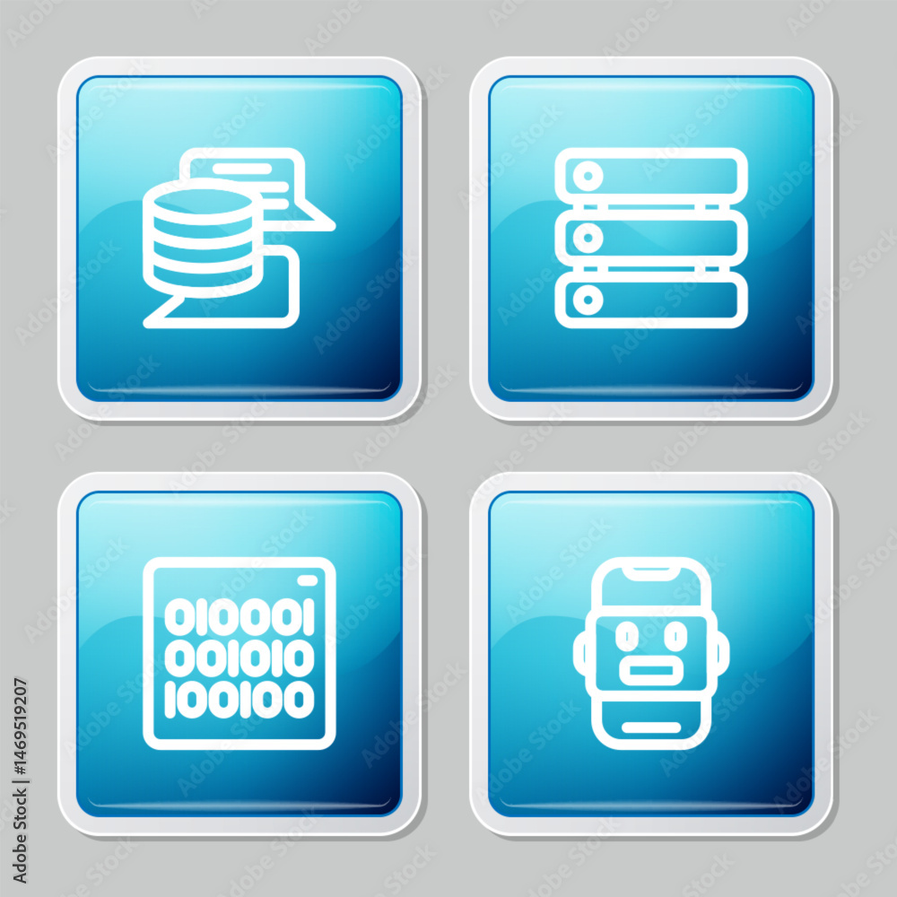 Poster set line server, data, binary code and chat bot icon. vector