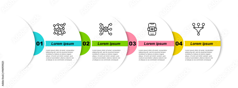 Poster set line neural network, artificial intelligence ai and funnel filter. business infographic template
