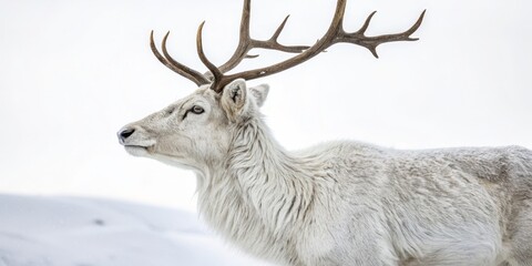 Obraz premium Profile of a White-furred Deer in Winter, Landscape Photography, Wildlife Portrait, Antlered Animal White deer, winter wildlife