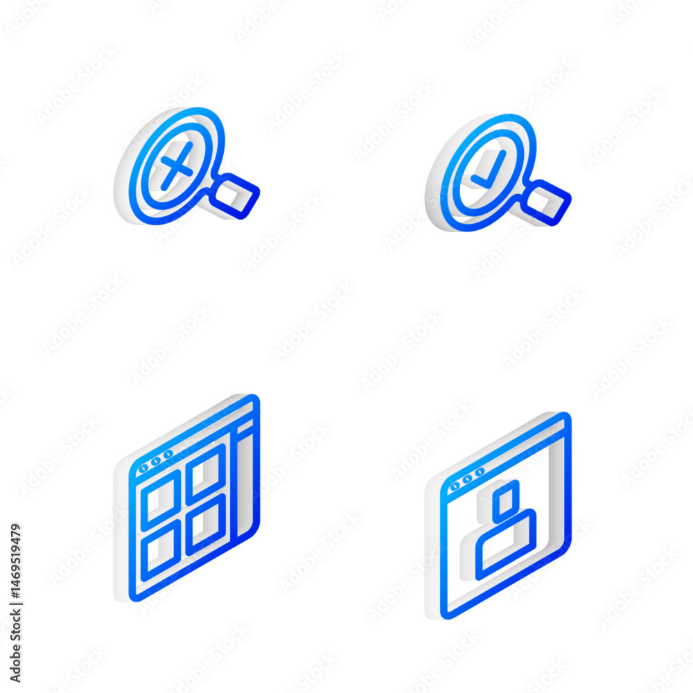Poster set isometric line magnifying glass with check mark, and delete, browser files and create account sc