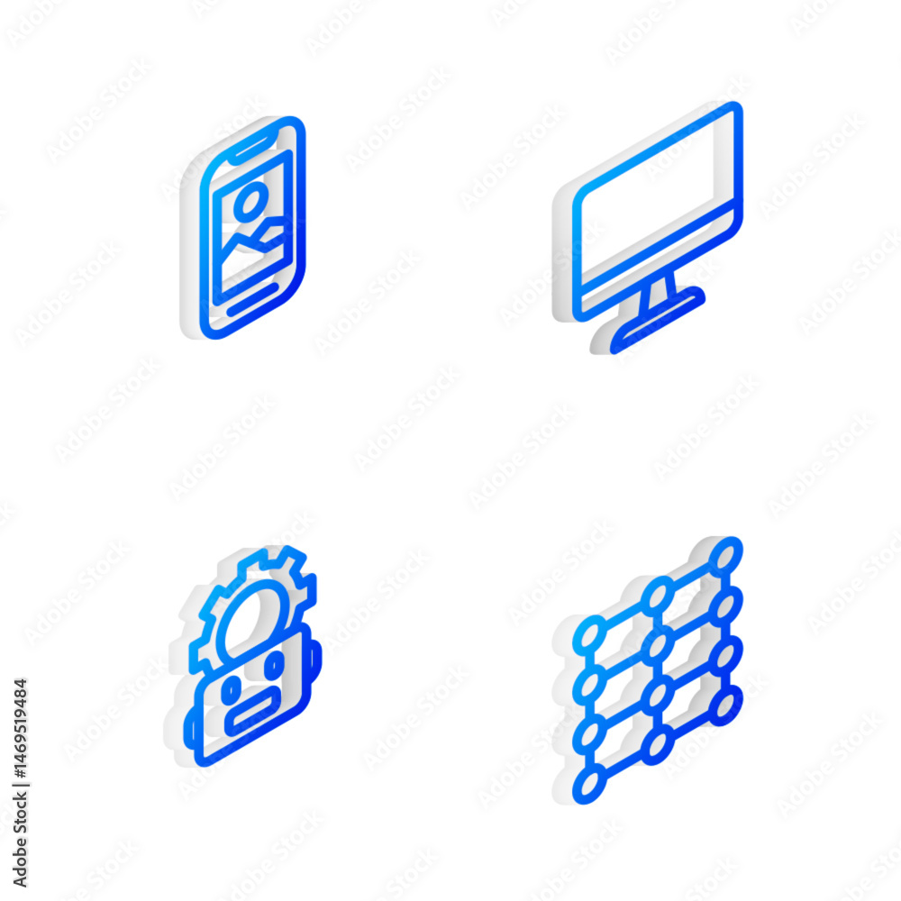 Poster set isometric line computer monitor, mobile phone, robot setting and neural network icon. vector