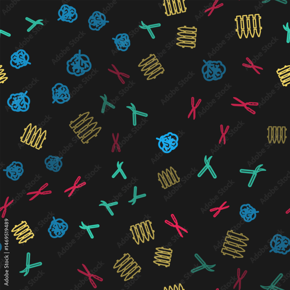 Poster set line tree, gardening handmade scissor, fence and on seamless pattern. vector