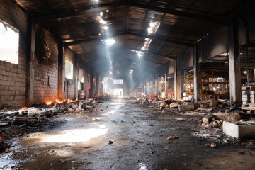 Desolate Warehouse Interior After Fire with Smoke and Debris