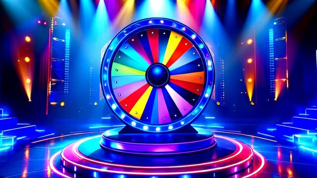 Vibrant Illuminated Wheel of Fortune on Stage with Neon Lighting