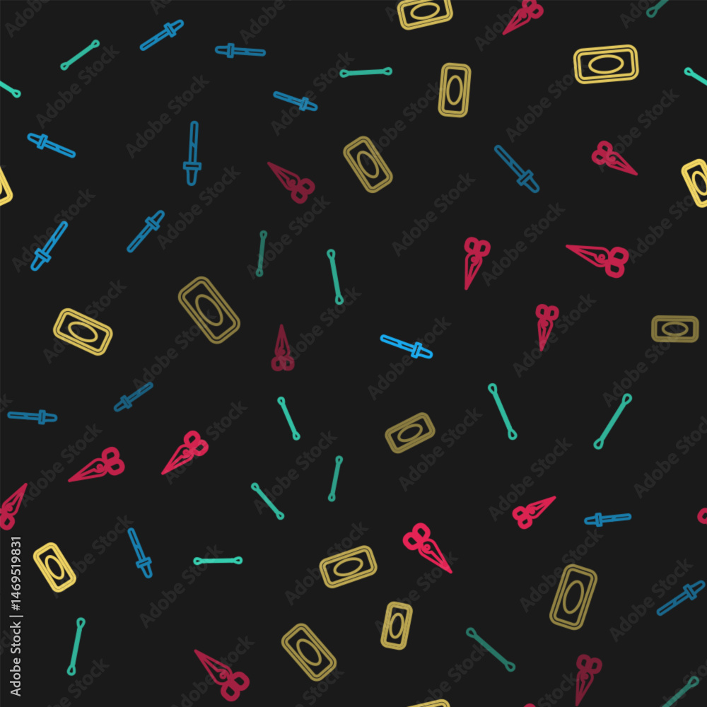 Poster set line pipette, cotton swab for ears, bar of soap and scissors on seamless pattern. vector