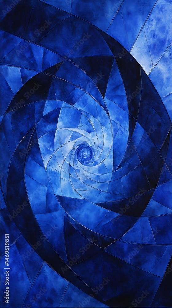 Poster flowing symmetrical geometric vortex in cobalt blue watercolor creating a tranquil background backdr