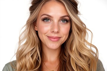 Fototapeta premium A woman with long blonde hair and blue eyes smiles at the camera