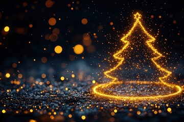 Golden Christmas tree silhouette on dark glittery background