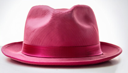 pink fedora hat with a wide brim and a stylish ribbon band the soft material and elegant design make it a fashionable accessory for casual or formal wear isolated on white background