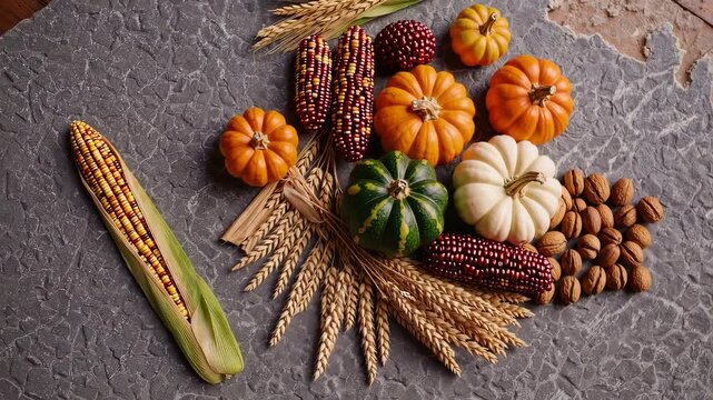 Autumn harvest display with vibrant mini pumpkins, colorful corn, and nuts in rustic setting