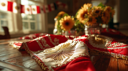 Naklejka premium Traditional red and white Peruvian sash with golden embroidery, festive flags and marigolds in the background, celebrating national pride.