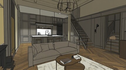 Interior design sketch of a light-toned living space.
