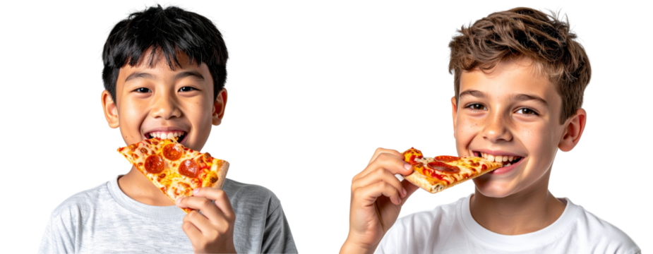 10-Year-Old Boy Eating Pizza Slice with a Big Smile, isolated on transparent background PNG