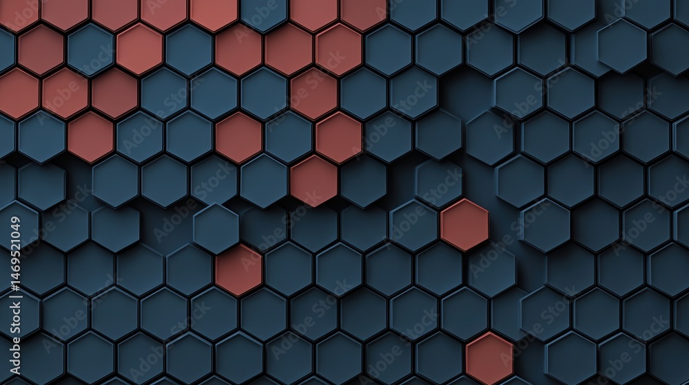 Poster a 3d rendering of a honeycomb pattern with alternating dark blue and reddish-brown hexagons.