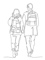 Couple tourists with backpacks walking away. Tourism. Back view. Continuous line drawing. Black and white vector illustration in line art style.