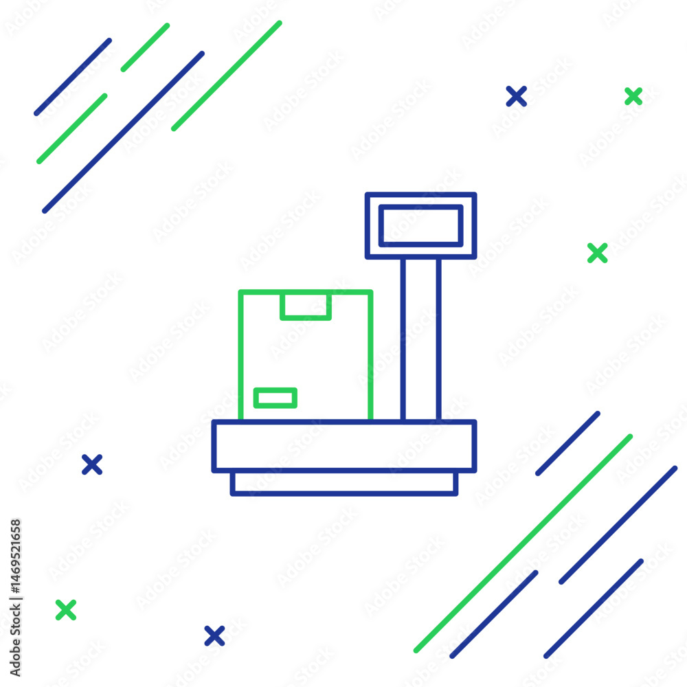 Aufkleber line scale with cardboard box icon isolated on white background. logistic and delivery. weight of de