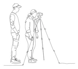 Man mentor and woman photograther with photo camera mounted on tripod. Linear drawing. Black and white vector illustration in line art style.