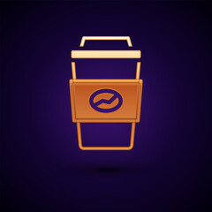 Gold Coffee cup to go icon isolated on black background. Vector