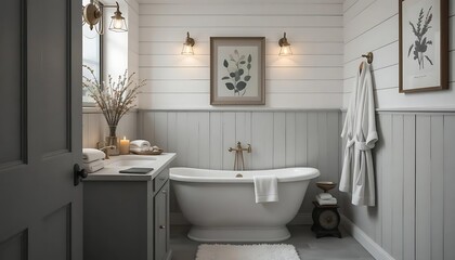 Serene and Inviting Bathroom Interior Featuring a Freestanding Bathtub, Elegant Vanity, and Natural Light Accentuating the Neutral Color Palette and Shiplap Walls