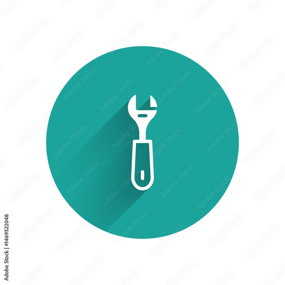 Poster white wrench spanner icon isolated with long shadow. green circle button. vector