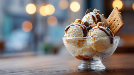 こだわりバニラアイスとチョコソースのトッピング | 光のぼかし演出