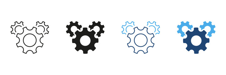 Three Interlocking Gears Icon Set. Mechanical Engineering, Process Optimization, And Industrial Automation Symbol Collection. Represents Teamwork, Efficiency. Isolated Vector Illustration