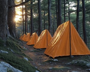 Orange tents nestled in a pine forest at sunrise. Sunlight streams through the trees
