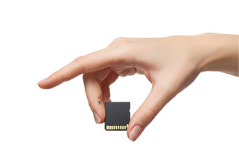 HighResolution Image Hand Holding Micro SD Card isolated on white background