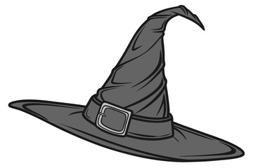 45 A black witch's hat, made of soft, shiny fabric, standing tall and proud against a plain background