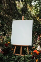 Blank canvas on easel amidst lush greenery (1)