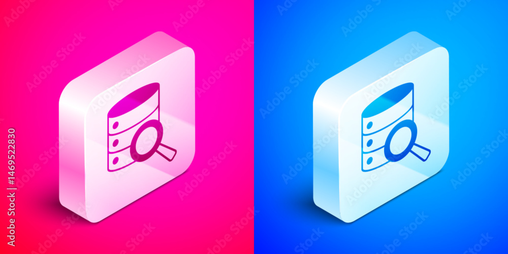 Poster isometric server, data, web hosting icon isolated on pink and blue background. silver square button.