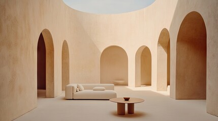 Beige minimalist interior design with arches and seating.