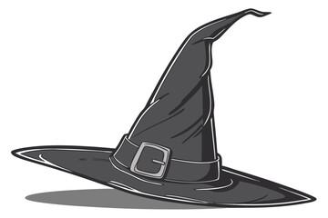 Fototapeta premium 45 A black witch's hat, made of soft, shiny fabric, standing tall and proud against a plain background