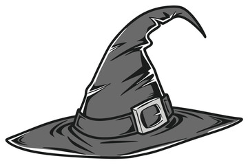 45 A black witch's hat, made of soft, shiny fabric, standing tall and proud against a plain background