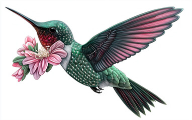 Obraz premium Detailed watercolor hummingbird with flowers, featuring green and purple pastel colors on a white background.