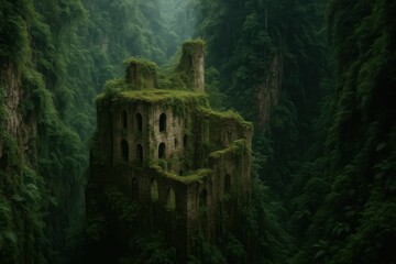 Obraz premium Ancient Ruins Covered in Lush Green Moss in a Hidden Forest