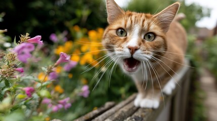 Playful ginger cat on fence, surrounded by flowers