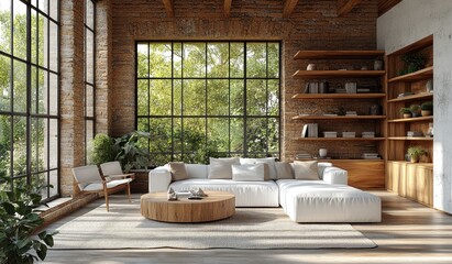 Modern industrial living room with large windows.