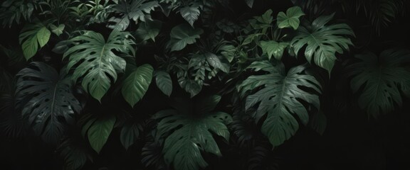 Deep green tropical leaves and vines intertwining, black backdrop  Shadowy, dense, mysterious jungle scene ,  nature,  high resolution,  black