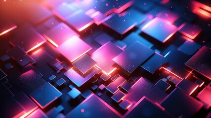 Vibrant glowing squares in a futuristic digital grid. Inspired 3D art with neon lighting, depth, and high-tech visual composition in motion. - Powered by Adobe