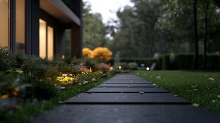 Obraz premium Elegant modern home exterior with landscape design and lighting emphasis