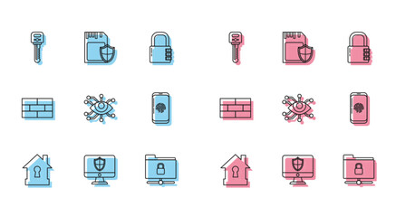 Set line House under protection, Computer monitor and shield, Key, FTP folder lock, Eye scan, Smartphone with fingerprint scanner, Bricks and SD card icon. Vector