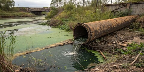 Rusty Pipe Discharging Wastewater into Polluted River, Water Pollution, Environmental Damage, Algae Bloom , Water contamination