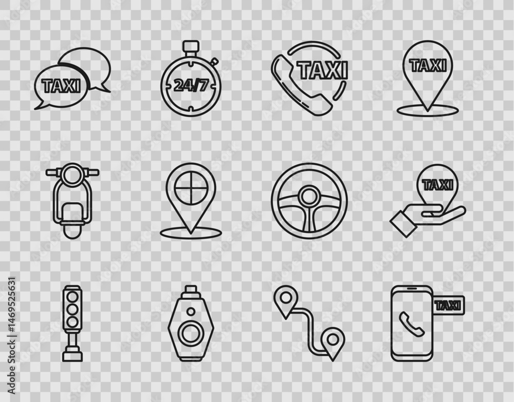 Poster set line traffic light, taxi call telephone service, car key with remote, map pointer taxi, route lo